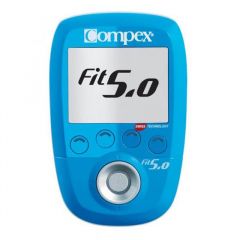 Compex Wireless Fit 5.0 muskuļu stimulācijas ierīces tuvplāns uz balta fona, ar bezvadu tehnoloģiju ķermeņa tonizēšanai, muskuļu attīstībai un relaksācijai.