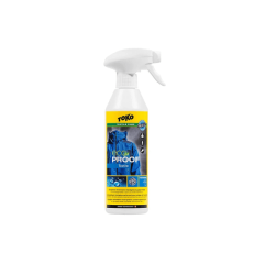 Eco Textile Proof 500 ml impregnēšanas aerosola pudeles tuvplāns uz balta fona, videi draudzīga formula ūdensnecaurlaidības atjaunošanai elpojošiem audumiem kā Gore-Tex un eVent.