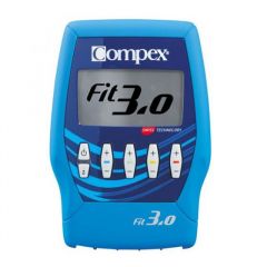 Compex Fit 3.0 muskuļu stimulācijas ierīces tuvplāns uz balta fona, ar Mi tehnoloģiju muskuļu tonizēšanai, atjaunošanai un sāpju mazināšanai.
