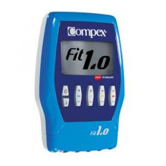 Compex Fit1.0 muskuļu stimulācijas ierīces tuvplāns uz balta fona, paredzēta ķermeņa tonizēšanai, vēdera muskulatūras stiprināšanai un sāpju mazināšanai.