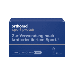 Orthomol Sport Protein N3 šokolādes garšas uztura bagātinātāja tuvplāns uz balta fona, ar piena olbaltumvielām, L-glutamīnu un kreatīnu muskuļu atjaunošanai pēc spēka treniņa.