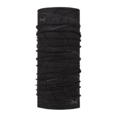 Buff Original Embers melnā šalle – daudzfunkcionāls, elastīgs, bezšuvju aksesuārs, izgatavots no pārstrādātas mikrošķiedras ar UPF50+ aizsardzību; attēls uz balta fona.