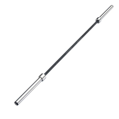 Tunturi Olympic Barbell stienis svarcelšanai ar 650 kg ietilpību, melnā un hroma krāsā, paredzēts spēka treniņiem; tuvplāna bilde uz balta fona.