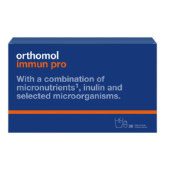 Orthomol Immun Pro – Probiotiku un mikroelementu uztura bagātinātājs imūnsistēmas līdzsvaram ar laktobaktērijām, bifidobaktērijām un svarīgām uzturvielām.