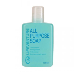 Tuvplāna foto ar Lifeventure All Purpose Soap 100ml pudelīti uz balta fona.